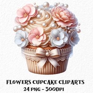花のカップケーキのクリップアートバンドル 高品質の花のカップケーキのクリップアートデジタルダウンロード 花のカップケーキの印刷可能なステッカー 花のPNGファイル