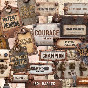 May include: A collection of vintage-style metal signs and tags with various text, including "Patent Pending," "Airship Cargo," and "Courage." The signs have a rusted, aged appearance, with a steampunk aesthetic. A robot is also visible.