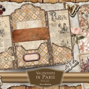 May include: A vintage-style folio with a floral and geometric pattern, featuring the word "Cinema" and the text "Valentines in Paris Folio Printable." The design includes butterflies, roses, and antique paper elements, creating a romantic, scrapbook aesthetic.