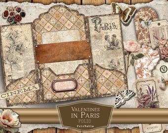 Valentines in Paris - Ephemera Holder Tri-Fold Folio Kit: Vintage Beige and Pink Junk Journal (Digital Download)