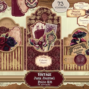 May include: A vintage junk journal folio kit with 73 elements. The kit features burgundy and cream-colored paper elements with floral, butterfly, and mushroom designs. Includes labels with text like "Dried & Preserved" and "Forgotten Notes."