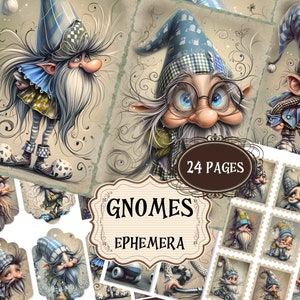 Patchwork Gnomi Junk Journal Forniture Gnomi Vintage Scrapbook Pagine stampabili digitali Gnomi Sfondi Gnomi Shabby Chic Pacchetto Gnomi