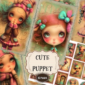 Niedliche Marionette Junk Journal Zubehör Entzückende Puppe Sammelalbum Druckbare Seiten Sammelalbum Hintergründe Puppet Shabby Chic Digital Art