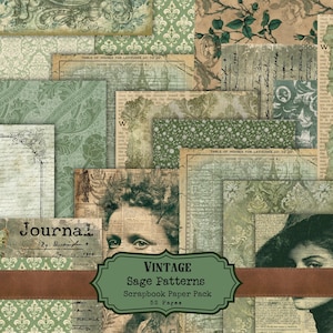 Könnte beinhalten: Eine Collage aus Vintage-Scrapbook-Papier in Salbeigrün, Creme und Braun. Das Design umfasst florale Muster, handschriftlichen Text und Porträts. Der Text auf dem Bild lautet "Journal" und "Vintage Sage Patterns Scrapbook Paper Pack 52 Pages."