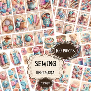 Vintage costura basura diario suministros costura efímera costura álbum de recortes marcadores costura shabby chic etiquetas digitales, sellos costura recortes