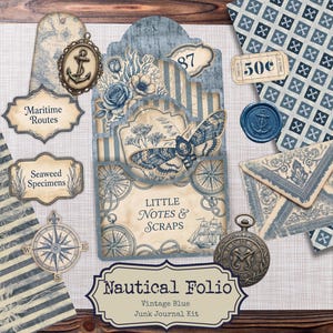 May include: A vintage-themed junk journal kit with a nautical theme. The kit includes various paper ephemera in shades of blue and cream, featuring illustrations of a compass, anchor, and moth. Text includes "Maritime Routes" and "Nautical Folio".
