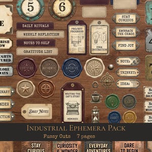 May include: A collection of industrial-themed ephemera featuring vintage-style tags, labels, and wax seals. Elements include numbered metal plates, typewriter illustrations, compass motifs, and text phrases like Daily Routine and Project Progress.