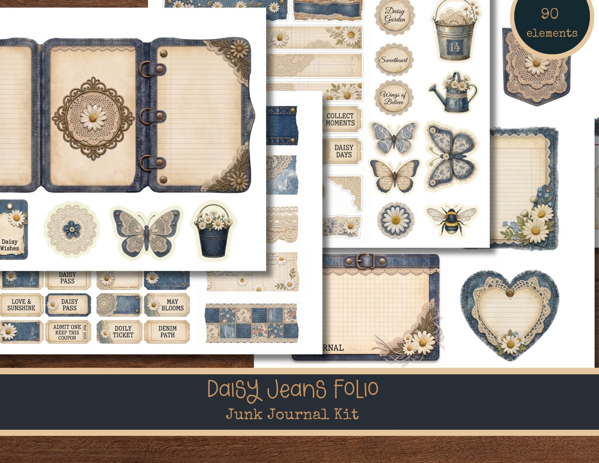 Daisy Jeans Junk Journal Kit - Lace Ephemera Holder Tri-fold Folio Kit ...