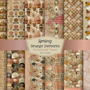 Puede incluir: Una colección de papel de scrapbook con temática de primavera y patrones grunge. Los diseños incluyen fondos florales, geométricos y texturizados en tonos beige, marrón y rosa. La imagen incluye el texto "Spring Grunge Patterns Scrapbook Paper 43 Pages."