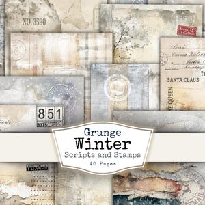 Könnte beinhalten: Eine Collage aus Papierhintergründen im Vintage-Stil mit Stempeln und Schriftdetails. Die Farbpalette umfasst Beige-, Grau- und Brauntöne mit einigen roten Akzenten. Der Text "Grunge Winter Scripts and Stamps" ist sichtbar.