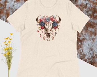 Cow Skull Shirt | Cow Skull TShirt | Floral Cow Skull Shirt | Bull Skull Flowers Shirt | Western Shirt | Cowgirl Top | Women's Relaxed