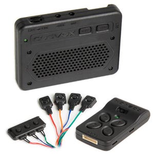 May include: Black Cosvox audio device with multiple buttons, a speaker grill, and a USB port. Includes a remote control, several wired buttons with coloured wires, and a small button panel.