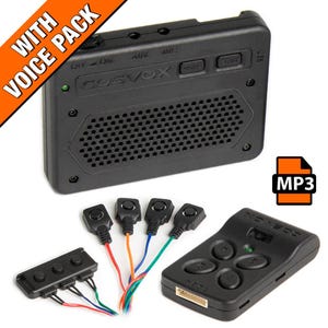May include: Black Cosvox voice pack with multiple components, including a main unit, remote, and several button-activated triggers. The main unit has a speaker grill and control buttons. An orange banner reads "WITH VOICE PACK".