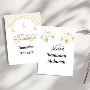 5 por 7 cartões Ramadan Mubarak - pacote com 4 / cartões comemorativos / cartões em branco / branco e dourado / lua e lanterna