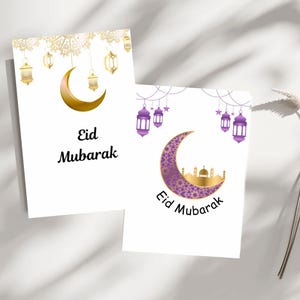 5 by 7 Eid Mubarak Grußkarten - Pack of 4 / Blanko-Karten / weiß und gold / Halbmond und Stern / Laternen und Sterne / lila / blau