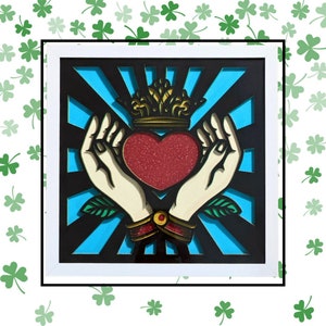 Pop Art 3D Layered Claddagh Shadowbox, 8&quot; x 8&quot; Wall Art, American Traditional Tattoo Art, Handmade, Paper Craft, Irish, St Patricks Day