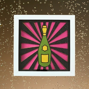 Bottiglia di champagne in carta a strati Pop Art 3D, lucida, scintillante, elegante, glamour, divertente,