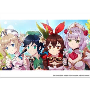 Manga Anime Wall Art: Barbara Venti Amber Noelle in Mondstadt | Print Decor | Cute and happy Gift for Otaku Gamers