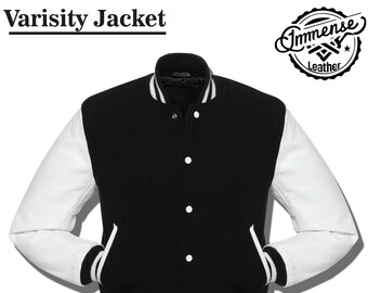 Varsity Jacket Letterman Baseball Bomber Style Black Wool Blend & White Genuine Cowhide Leather Sleeves