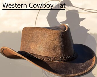 Western Crazy Vintage Antiguo Sombrero de Vaquero Bronceado Cuero Real