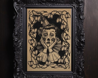 Trauriger Clown Kunstdruck: Gothic Tuschezeichnung