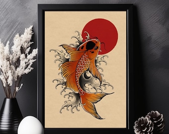 Japanische Koi Karpfen Kunstdruck im Ukiyo-e Style Tattoo Design