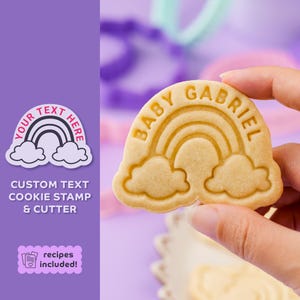 Personalized Rainbow Cookie Stamp & Cutter Duo, Custom Text Rainbow over Clouds Cookie Cutter, Baby Shower Cookie Embosser, Custom Baby Gift