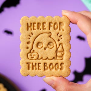Funny Halloween Cookie Stamp & Cutter – Here for the Boos Ghost Design, Perfect for Spooky Season Cookies and Halloween Favors for Adults