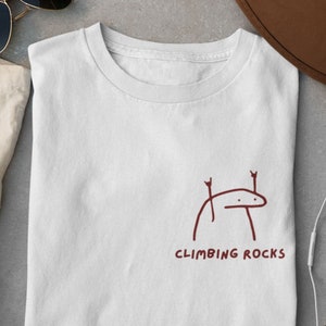 Minimalistic White cotton rock climbing t shirt with embroidery for rock climbers that says climbing rocks