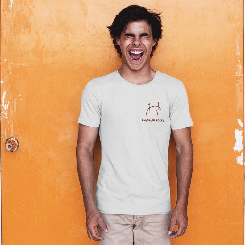 Minimalistic White cotton rock climbing t shirt with embroidery for rock climbers that says climbing rocks