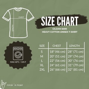 Minimalistic White cotton rock climbing t shirt with embroidery for rock climbers that says climbing rocks size chart