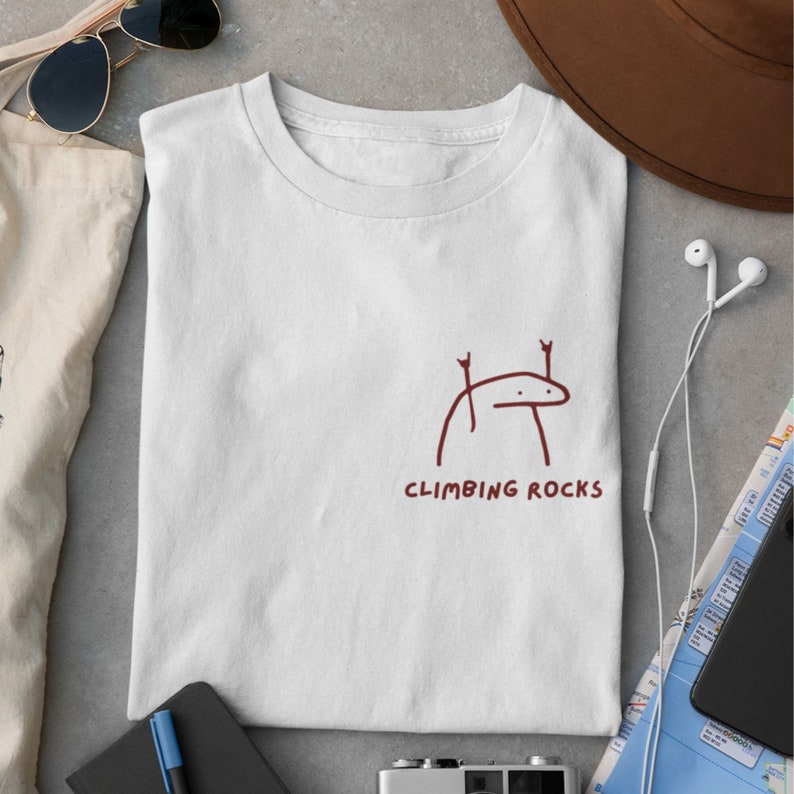 Minimalistic White cotton rock climbing t shirt with embroidery for rock climbers that says climbing rocks