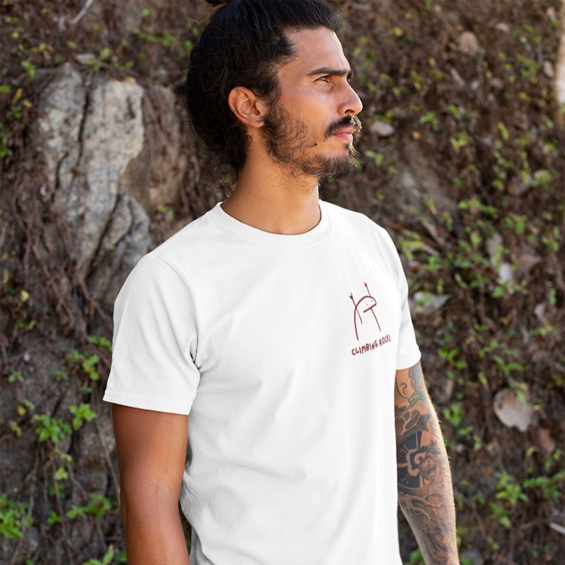 Minimalistic White cotton rock climbing t shirt with embroidery for rock climbers that says climbing rocks