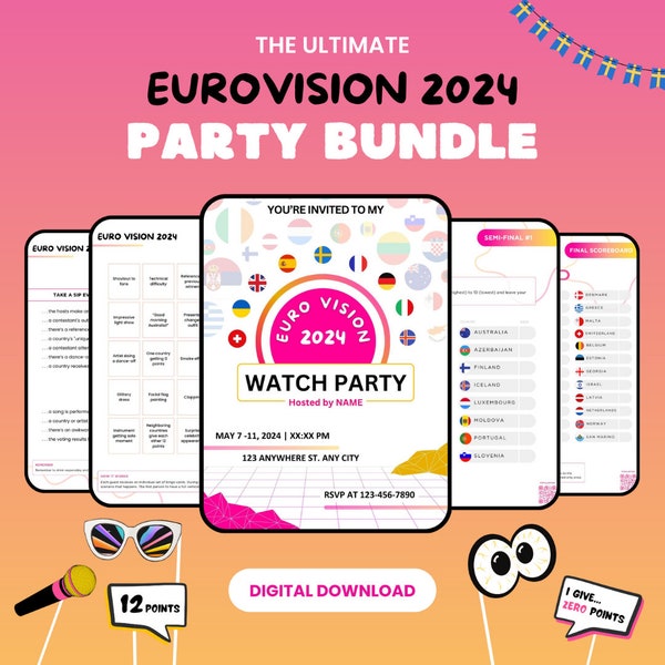 Eurovision Ultimate Party Bundle 2024 Eurovision Scorecard Eurovision Editable Watch Party Invite Eurovision Bingo Downloadable Party Games