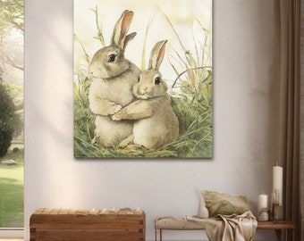 Embracing Bunnies Art Print - Gentle Rabbit Watercolor, Wildlife Wall Décor, Peaceful Animal Illustration, Pastoral Nursery Wall Print | V01