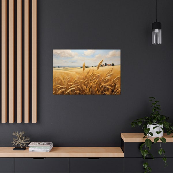 Golden Wheat Field Canvas Print, Rustic Farmhouse Wall Art, Country Landscape Painting, Harvest Season Decor, Digital Download Artwork | H01