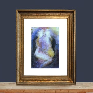 May include: Abstract watercolour painting of two figures in a soft, ethereal style. The figures are depicted in shades of purple, blue, and yellow, with a white background. The painting is framed in a gold frame.