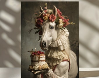 Weißes Pferd mit Blumen im Haar Glückwunschkarte, Geburtstagskarte, Gratulationskarte Pferd mit Torte, instant Download, Foto Karte Schimmel