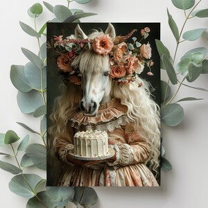 Verträumte Pferdedame Geburtstagskarte, Gratulationskarte Pferd, Tierbild mit Torte, zum sofortigen Download, Foto Karte für Reiterin