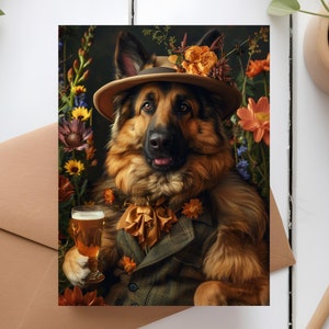Berger allemand avec carte de félicitations chapeau et bière, carte d’anniversaire pour chien, carte de félicitations, carte photo animale à téléchargement instantané