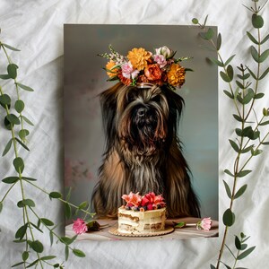 Briard Hund mit Blumenkranz und Blumentorte Glückwunschkarte, Geburtstagskarte, Gratulationskarte, instant Download, tierische Foto Karte