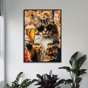 DRINKING CAT 2, party cat poster, kat met bierglas, bierkat met zonnebril, instant download poster, kattenvriend cadeau