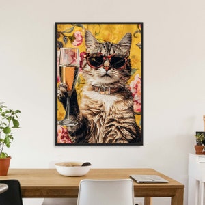 DRINKING CAT 1, affiche de chat de fête, chat avec verre de champagne, chat de champagne avec lunettes de soleil, affiche de téléchargement instantané, cadeau de fan de chat