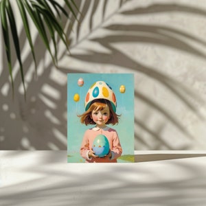 Bambina pasquale, biglietto d'invito pasquale, biglietto pasquale, per download istantaneo, bambino con cappello a guscio d'uovo