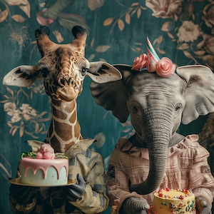 Carte d'anniversaire girafe et éléphant, photo d'animal avec gâteau, à télécharger instantanément