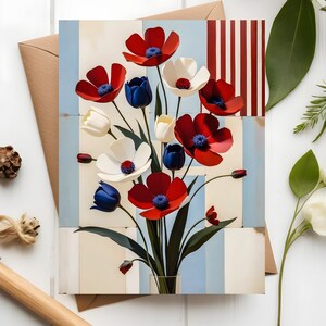 Flores rojas, blancas y azules, blanco azul rojo, tarjeta de felicitación del ramo del Día de la Independencia 4 de julio para el Día de la Independencia, descarga digital instantánea