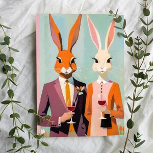 Karte Mr. & Mrs. Bunny, Ostern Einladungskarte, Osterkarte, zum sofortigen Download, chic gekleidet mit Weinglas Hasen