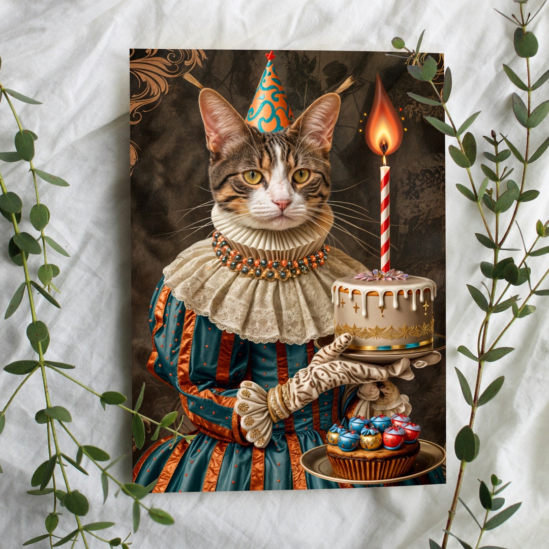 Elegant Cat Lady With Cake Greeting Card, Birthday Congratulations Card ...