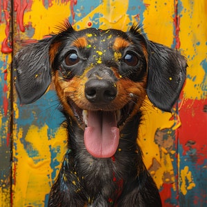 Dackel hilft beim Malen, kreativer Dachshund Glückwunschkarte, Geburtstagskarte Hund Gratulationskarte instant Download tierische Foto Karte
