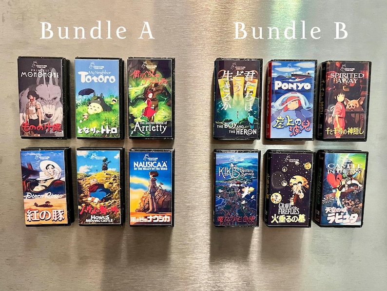 May include: Two bundles of vintage VHS tapes featuring animated films. Bundle A includes "Princess Mononoke," "My Neighbor Totoro," and "The Secret World of Arrietty." Bundle B features "The Boy and the Heron," "Ponyo," and "Spirited Away."